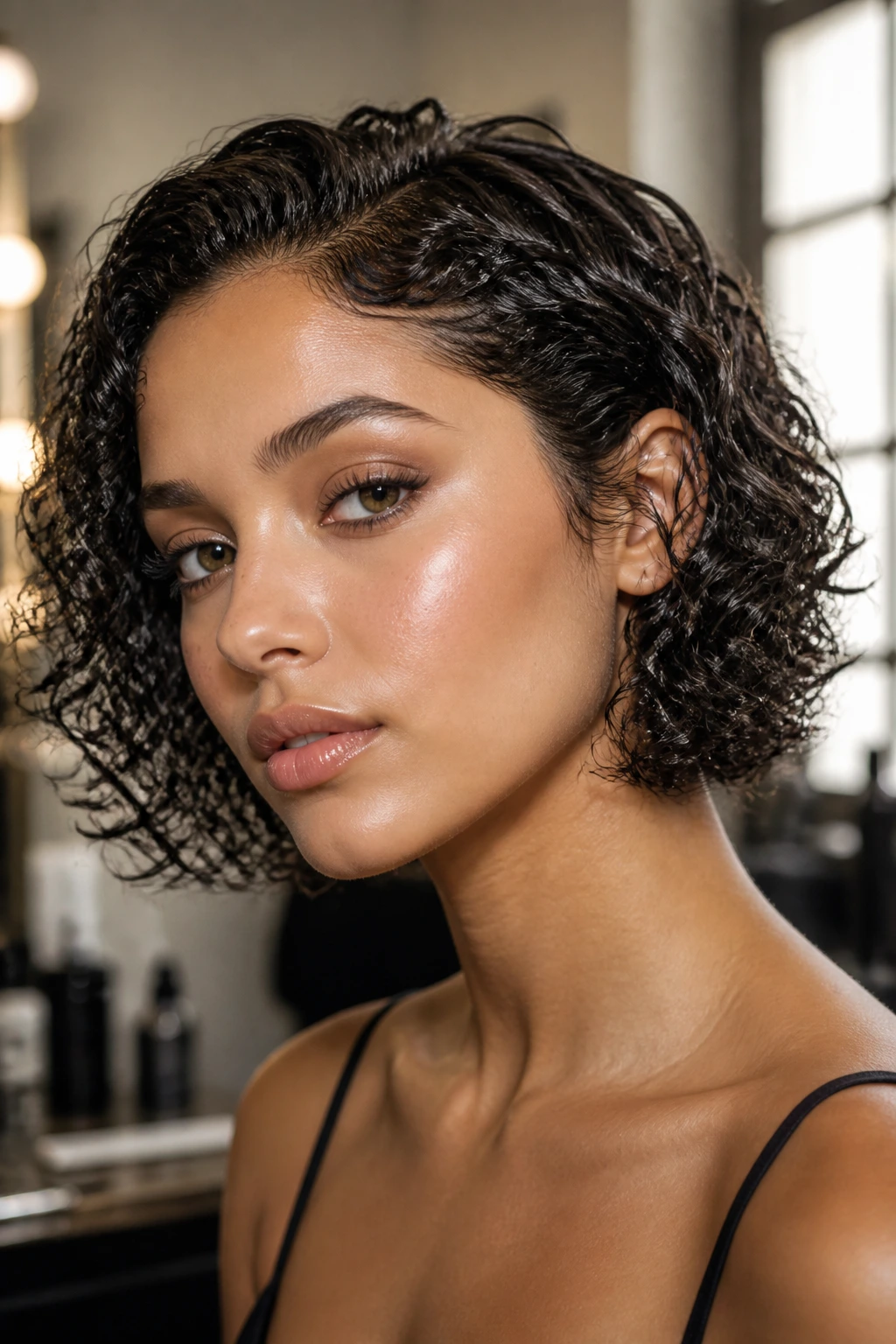 Close-up of a real woman with a wet-look curly bob and glossy damp curls framing her face