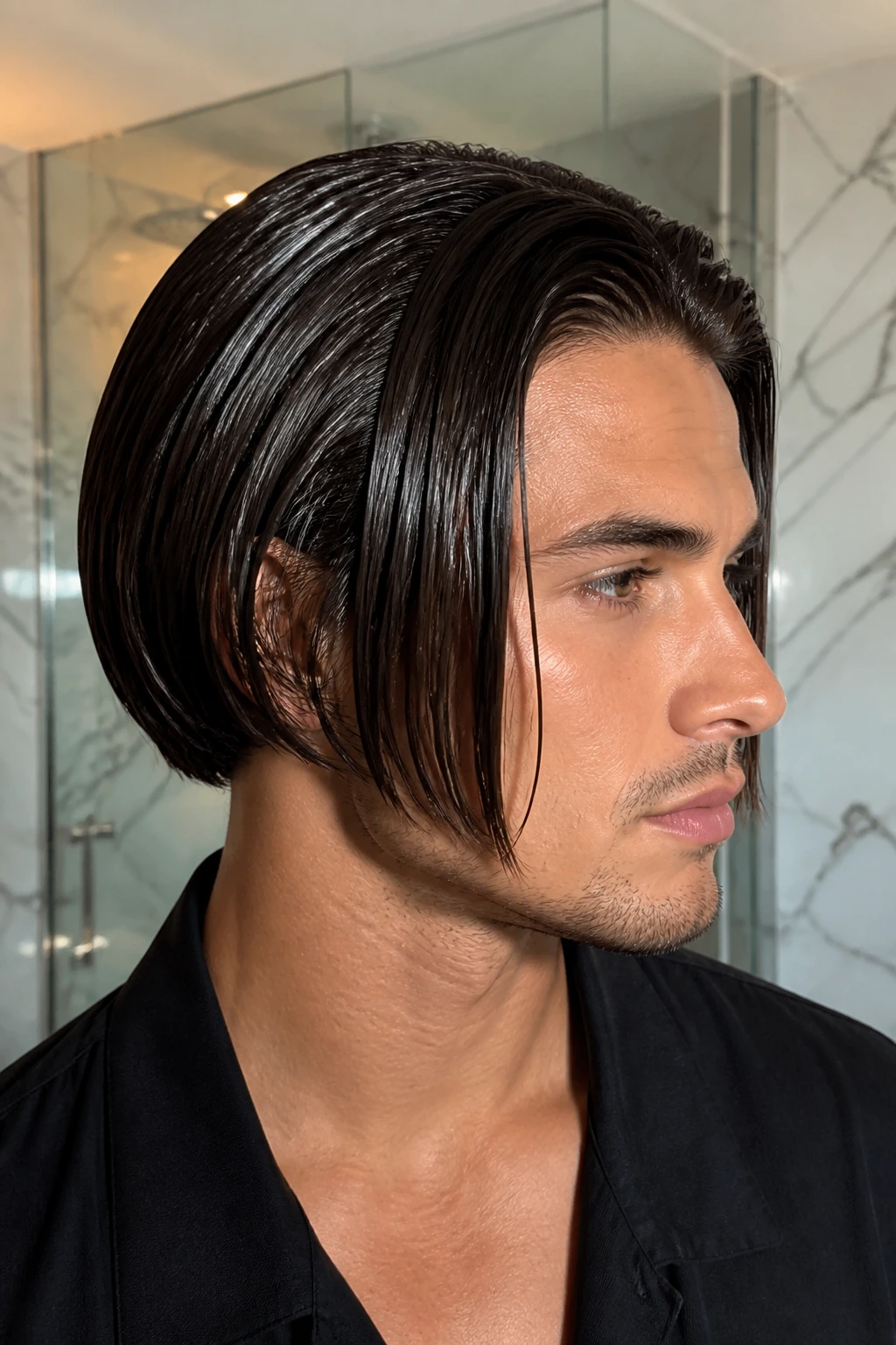 Close-up portrait of a man with Wet-Look Inverted Bob showing glossy, sleek finish.