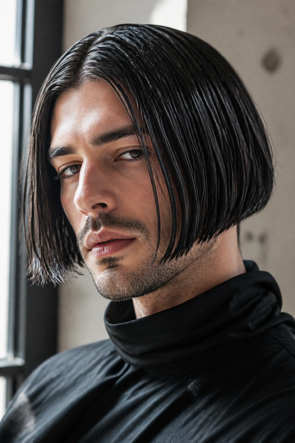 Close-up of a man with a glossy wet-look inverted bob in a modern loft