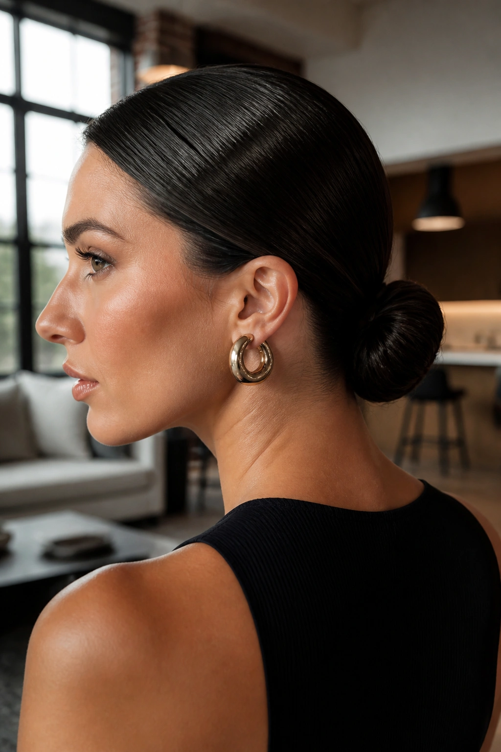 Close-up portrait of a real woman with a sleek wet-look low chignon
