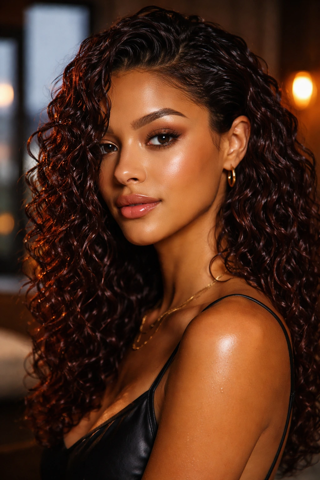Real person with glossy wet-look mahogany curls