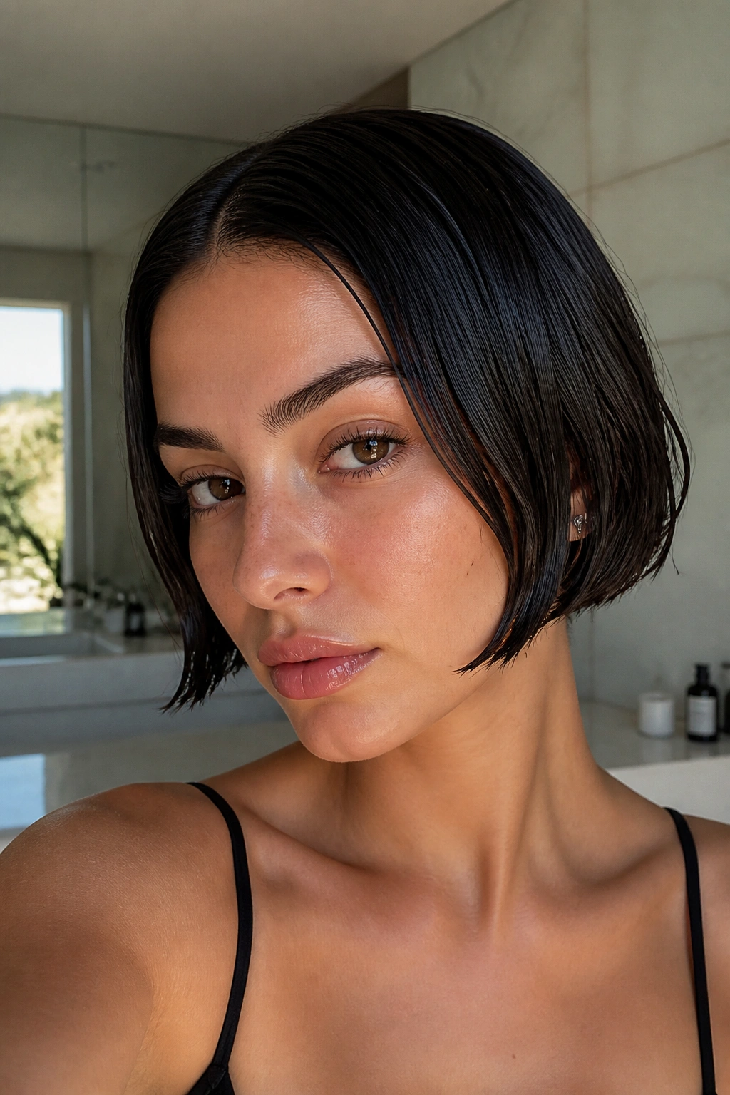 Close-up of a real woman with a glossy wet-look mini bob