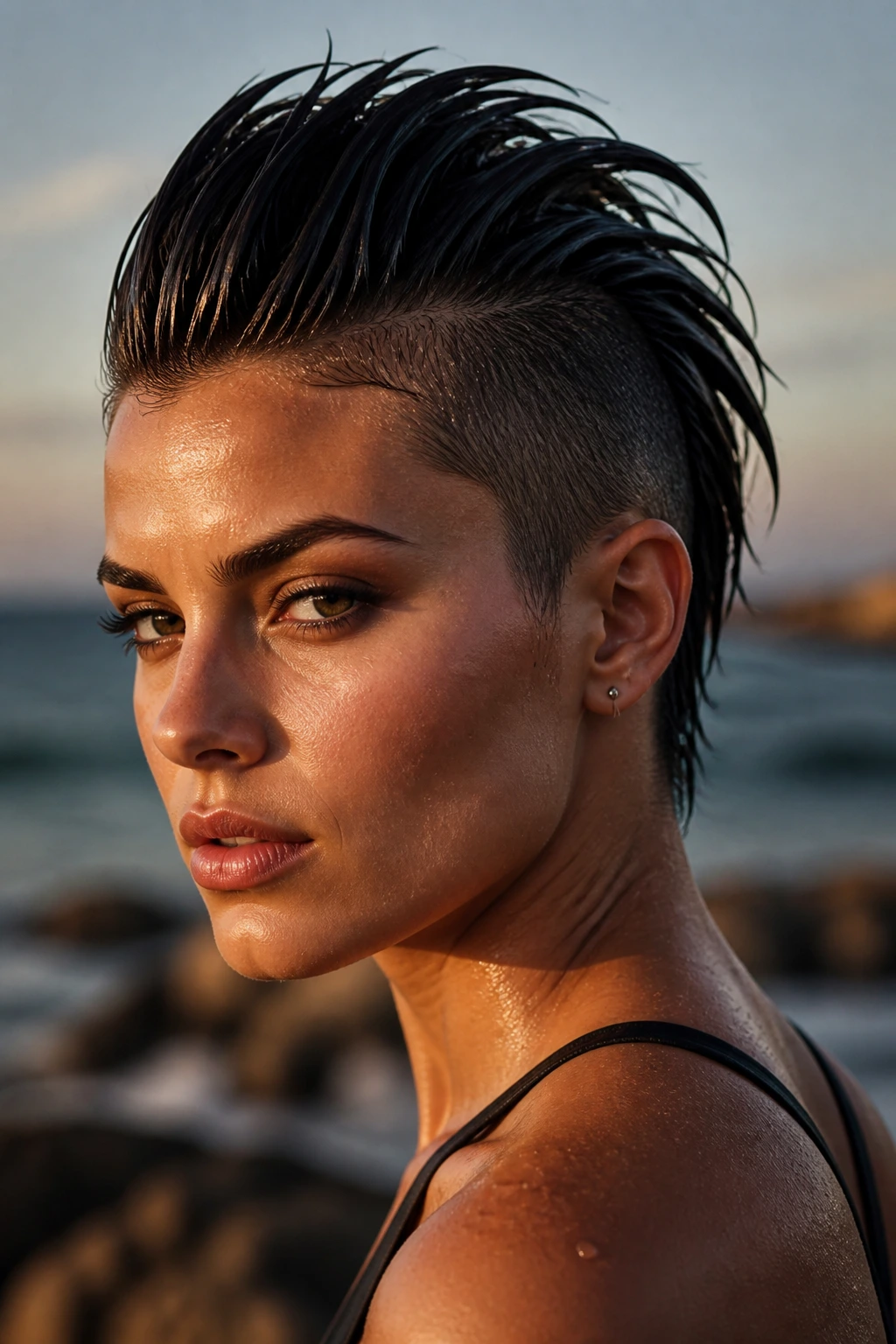 Close-up of real person with glossy wet-look mohawk in coastal light