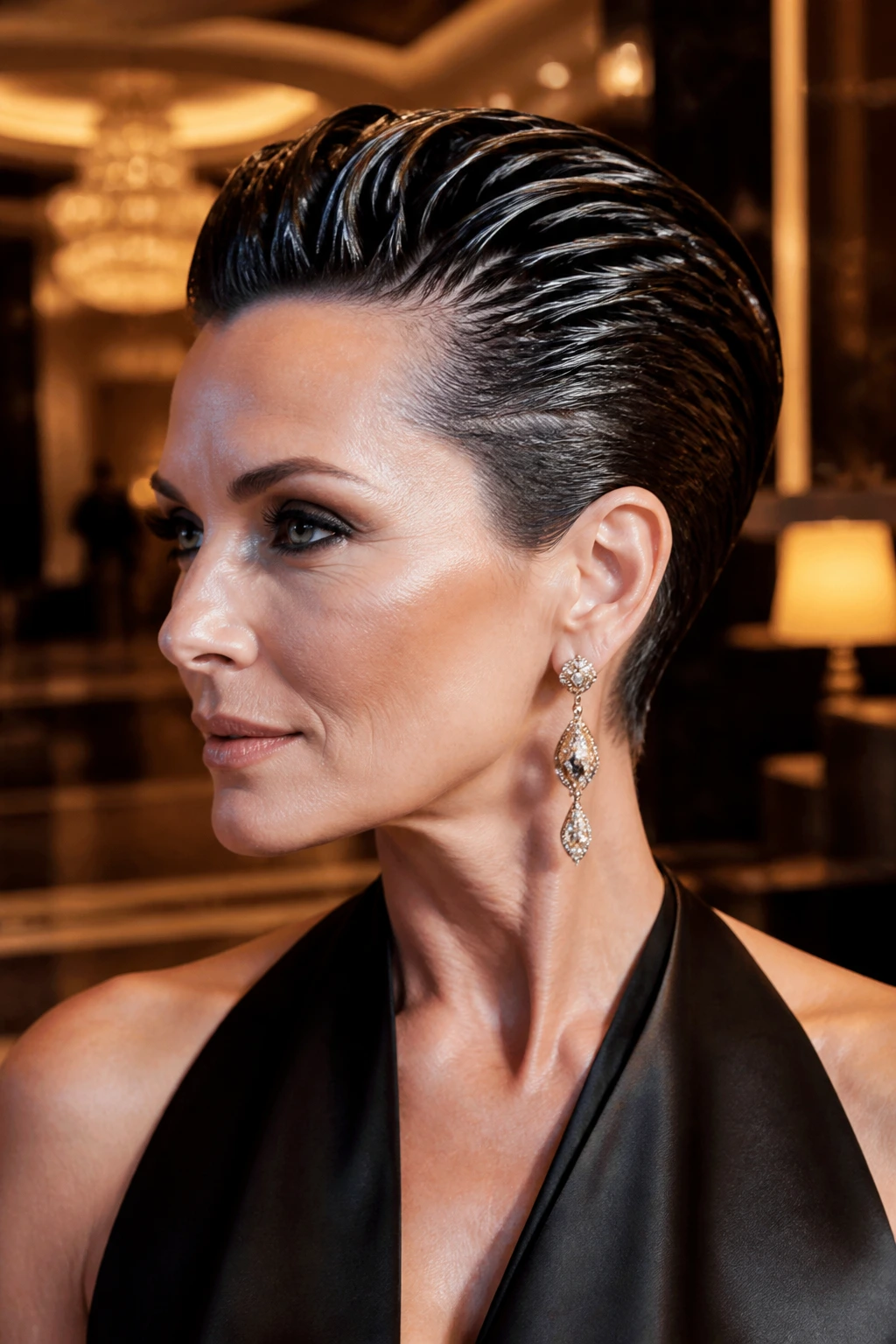 Close-up portrait of a real woman with a slicked-back wet-look mohawk in a hotel lobby.