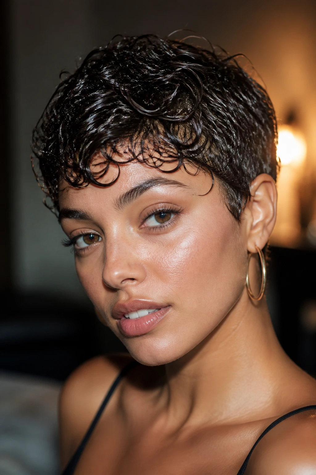 Close-up of a real woman with a glossy wet-look curly pixie
