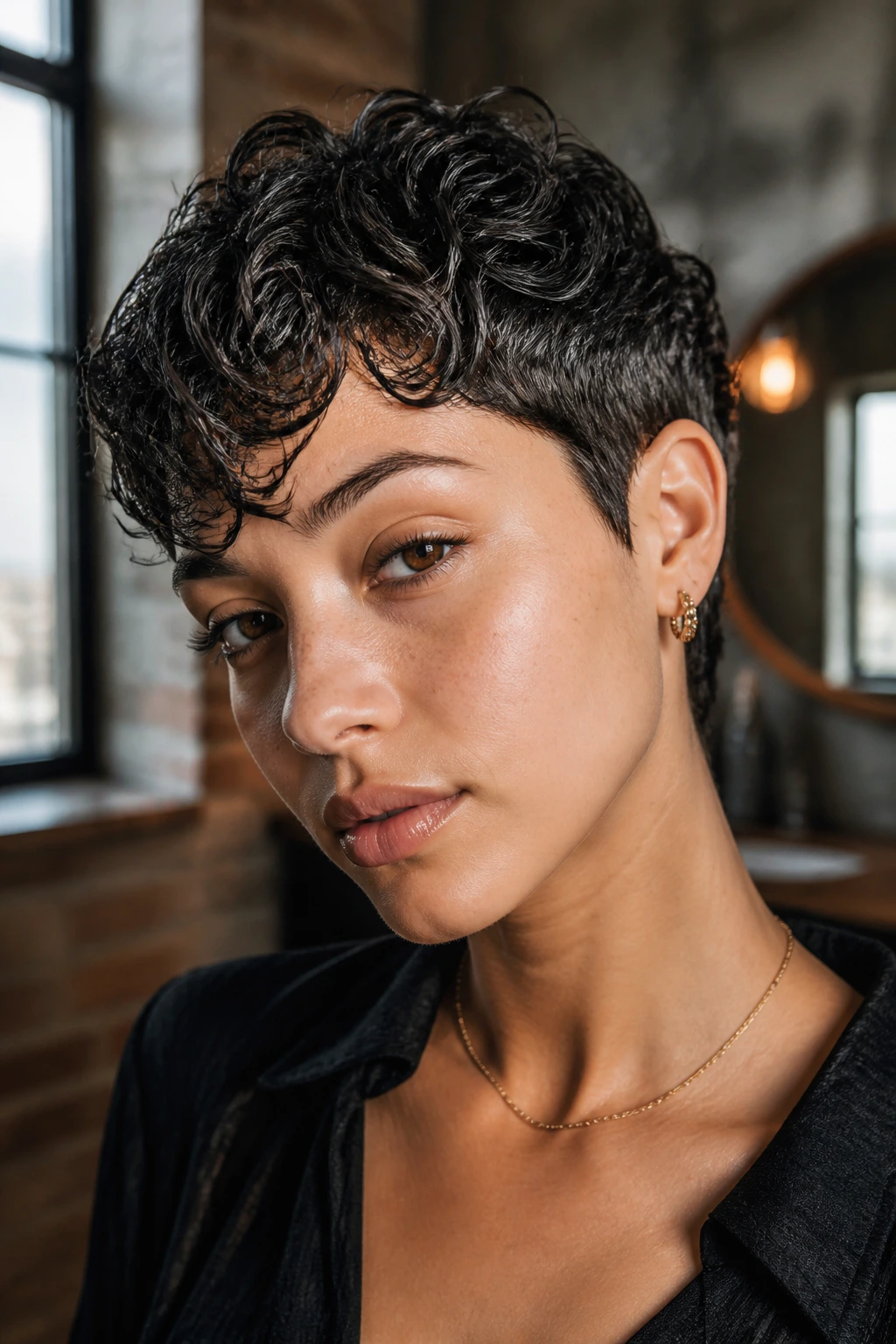 Close-up of a real woman with a wet-look curly pixie and sculpted sides