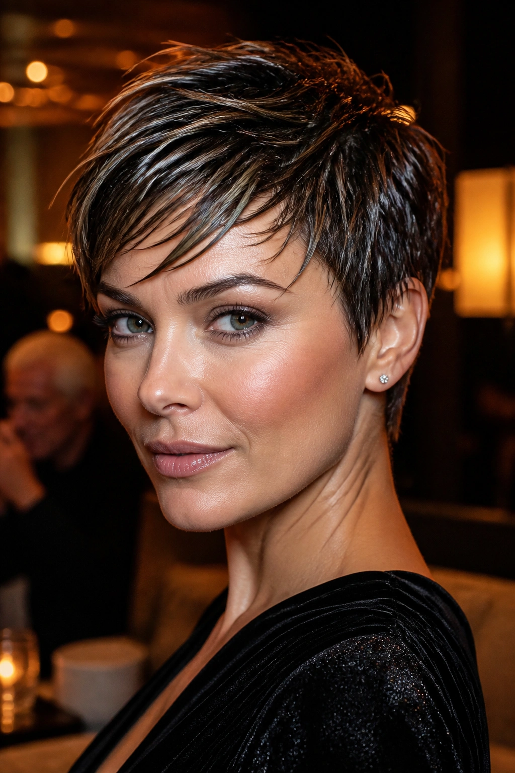 Close-up of a real woman with a wet-look textured pixie and glossy, clumped hair