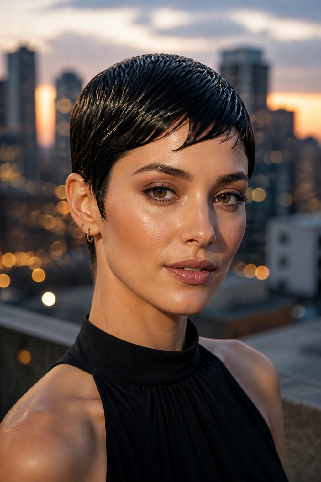 Close-up of a real woman with a glossy wet-look pixie.
