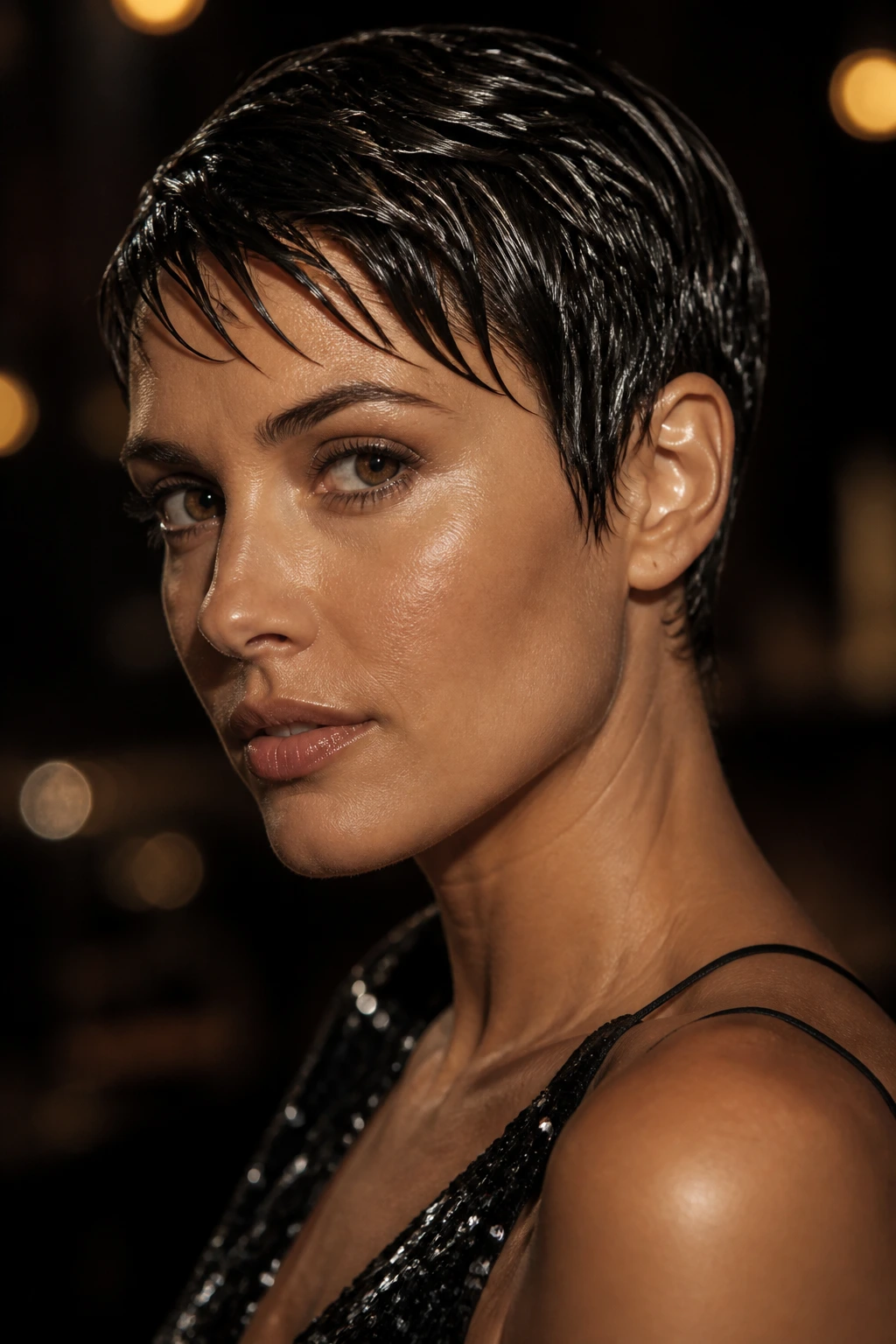 Real woman with wet-look pixie and glossy finish, front with light separation.