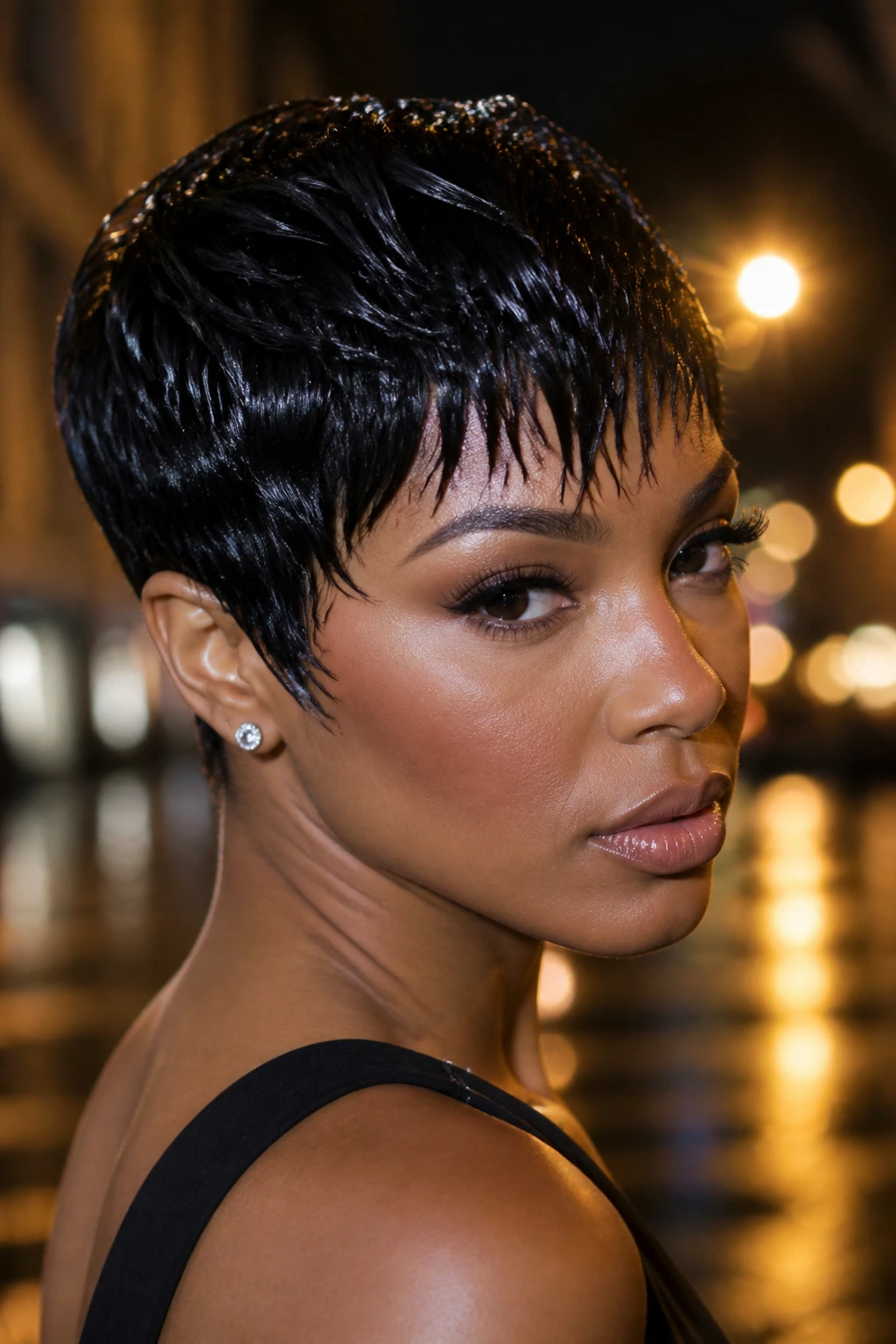 Close-up of a real Black woman with a wet-look pixie and glossy separation in a city street at night