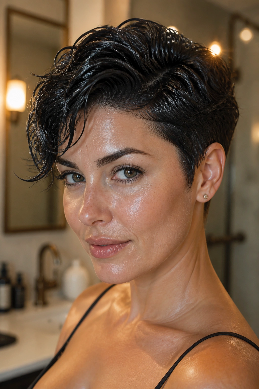 Portrait of a real woman with a wet-look wavy pixie, sleek shine and lifted movement.