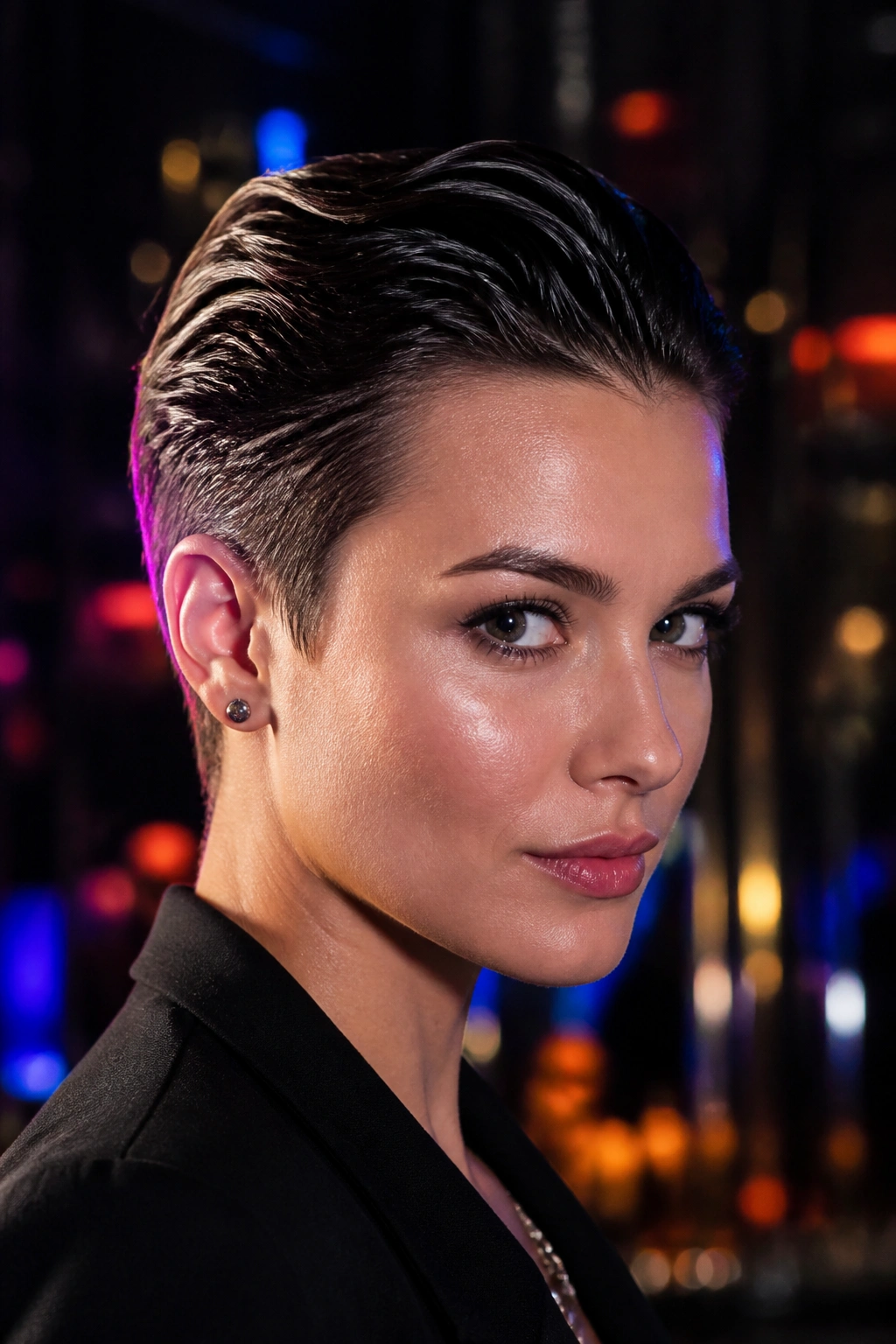 Close-up portrait of a real woman with a wet-look swept-back pixie under moody neon lighting