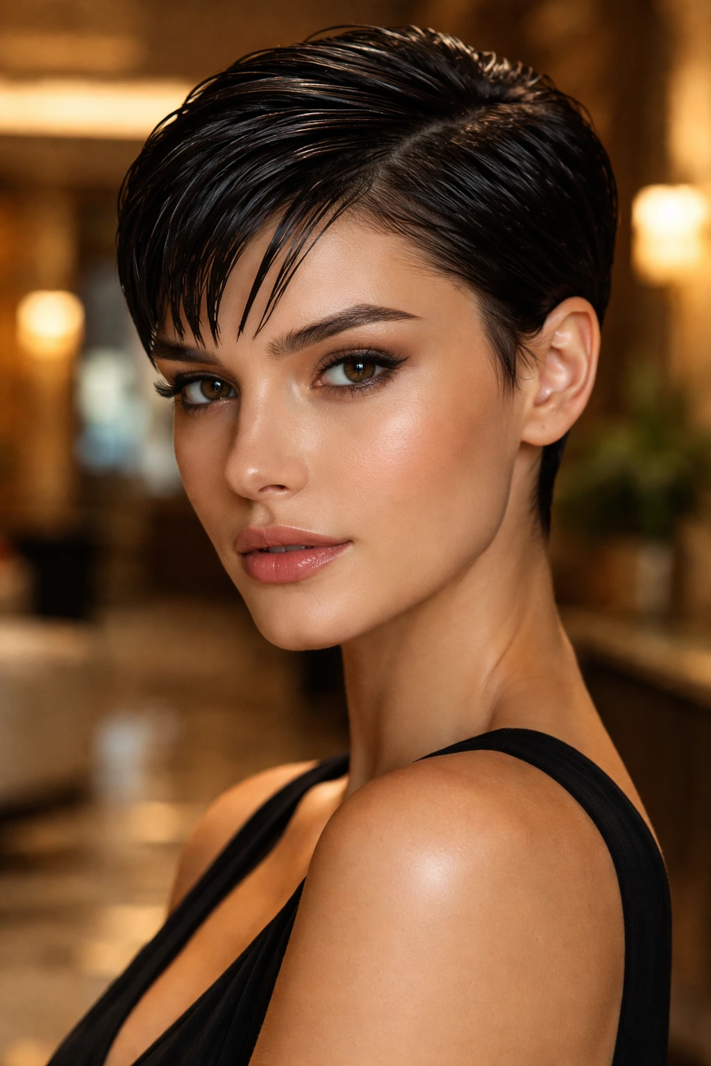 Portrait of a woman with wet-look pixie hairstyle