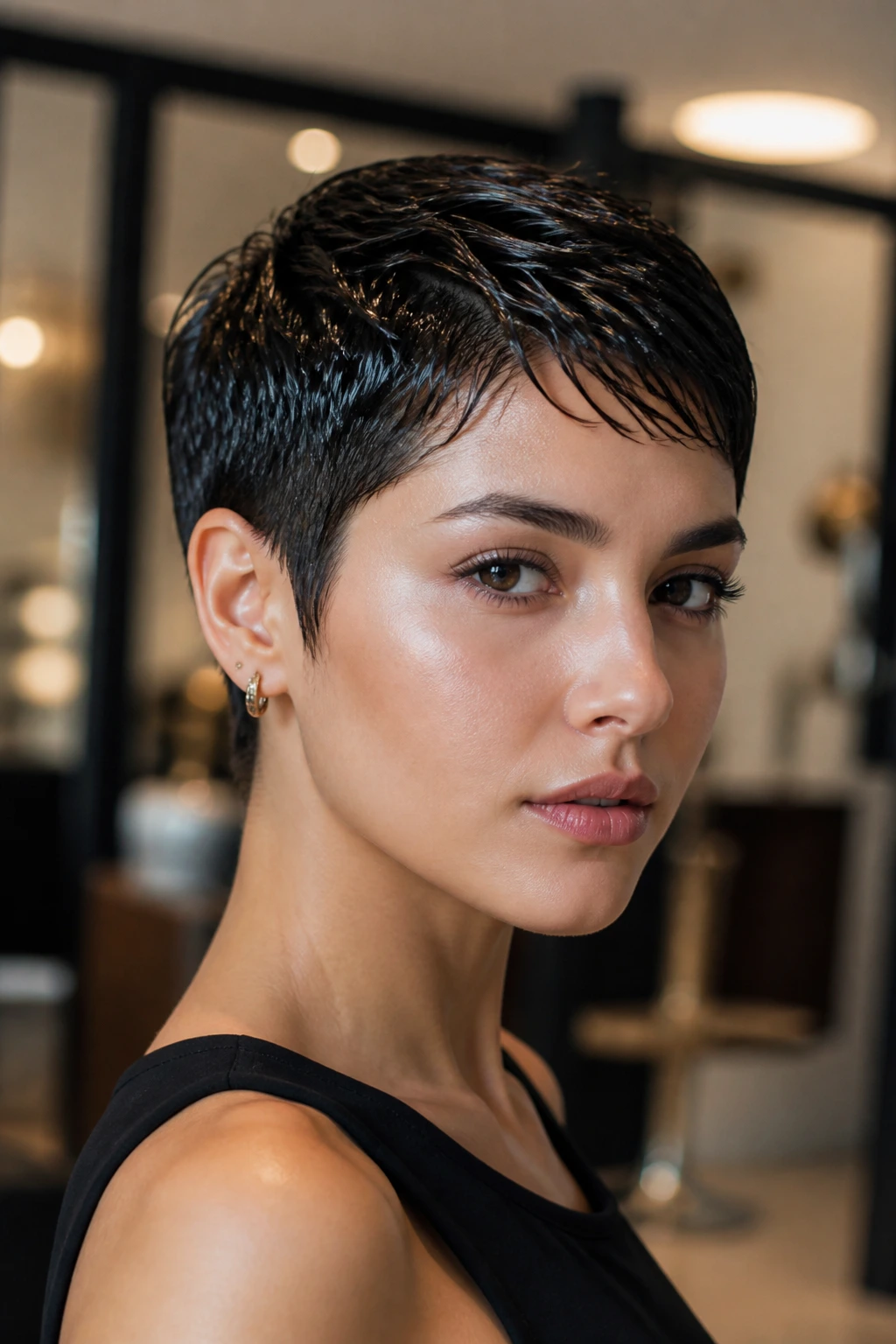 Close-up of a real woman with a wet-look pixie in a bright interior