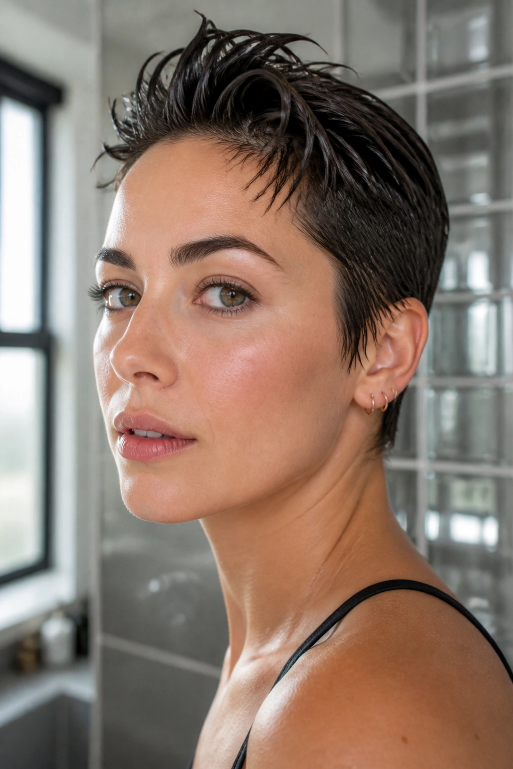 Close-up of a real person with a wet-look pixie and lifted roots.