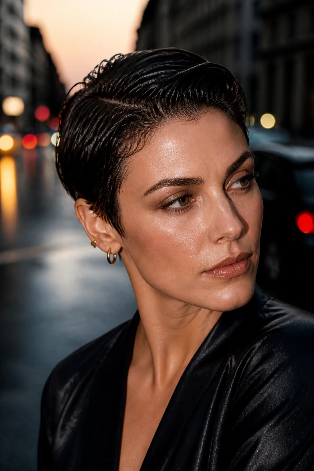 Close-up of a real person with Wet-Look Pixie under moody dusk lighting