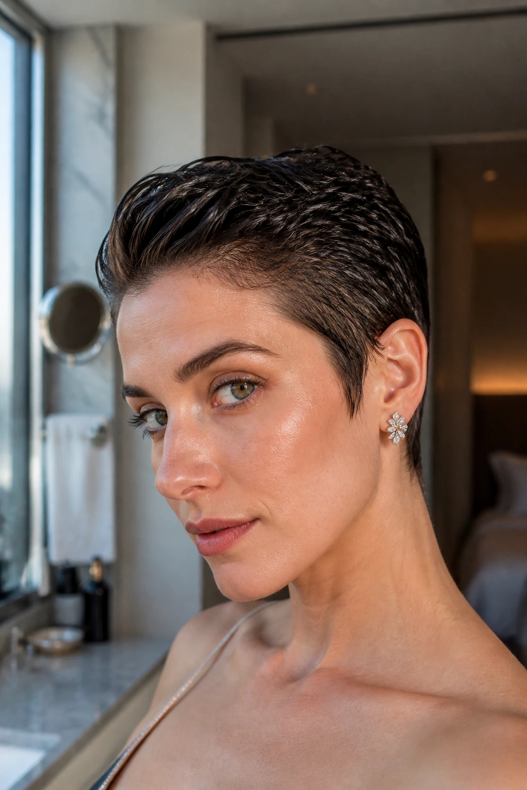 Close-up of a real person with a wet-look pixie and tapered finish