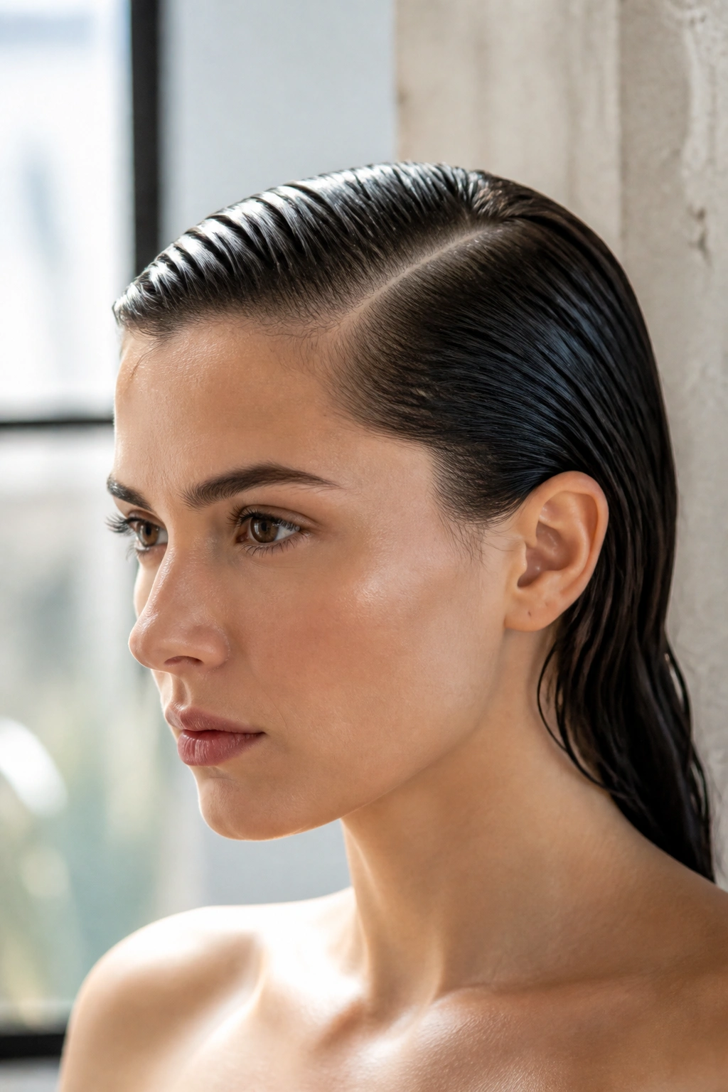 Side view of a real woman with a wet-look side part.