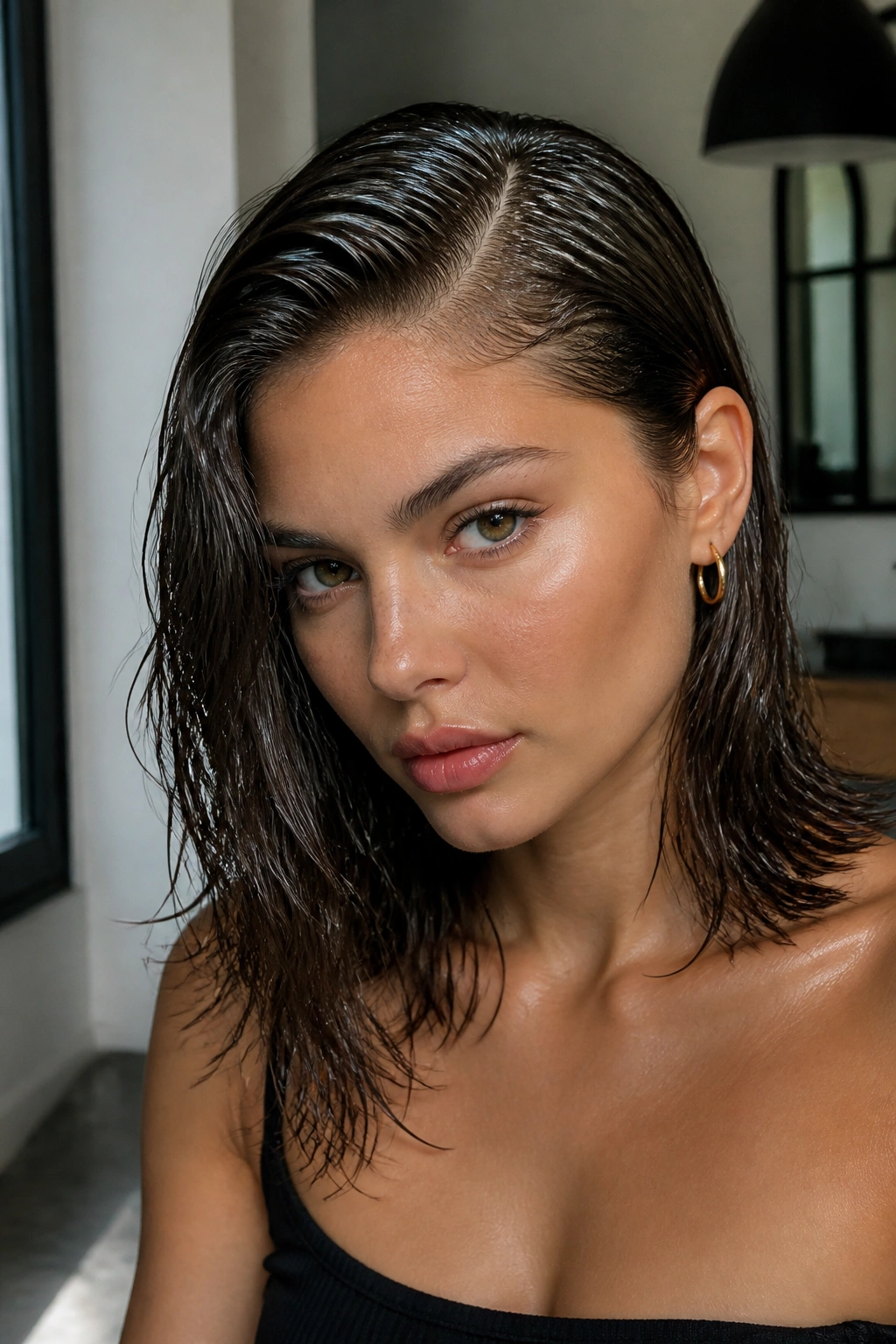 Portrait of a real woman with a wet-look side part and glossy shine