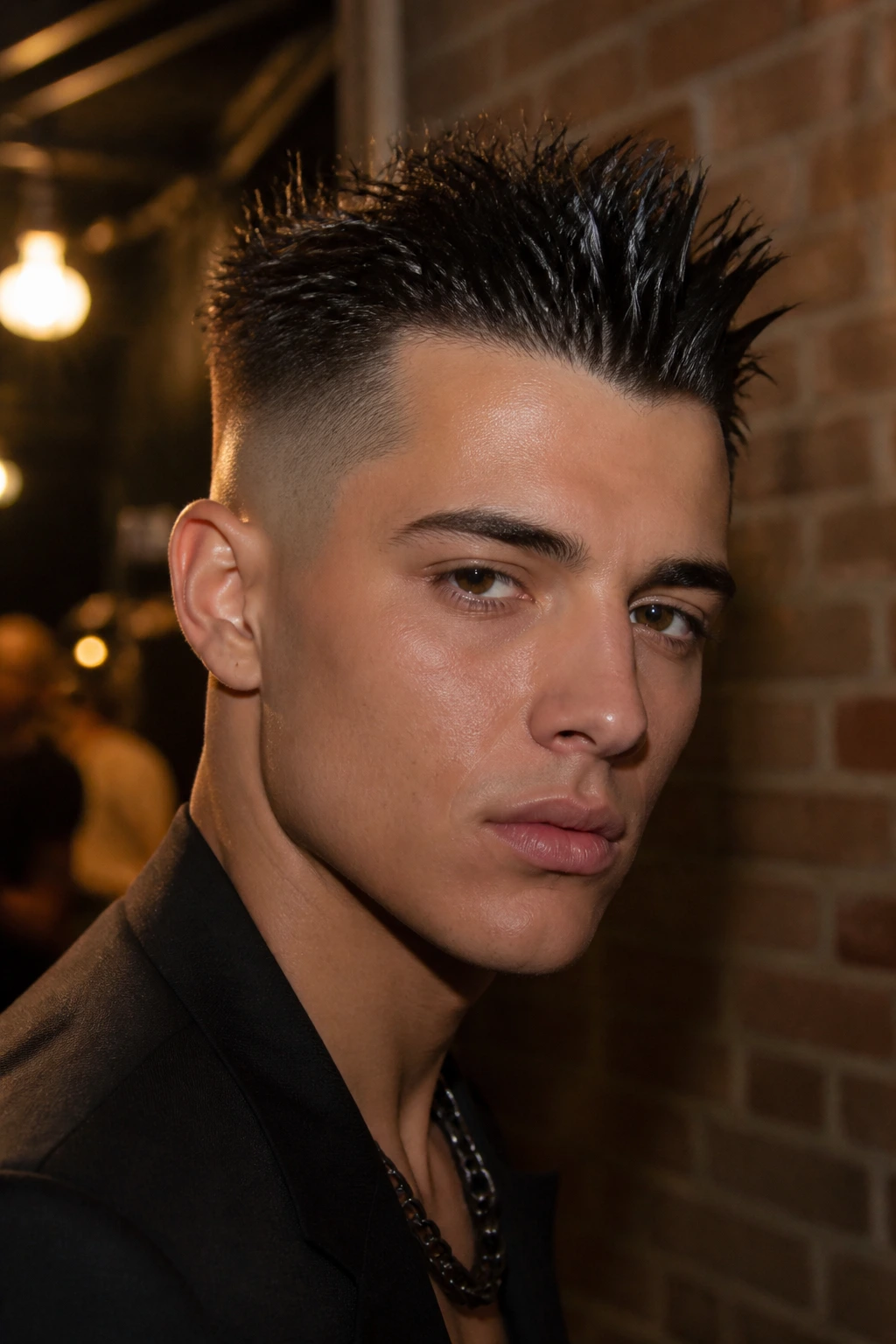 Close-up portrait of a real person with glossy wet-look spikes