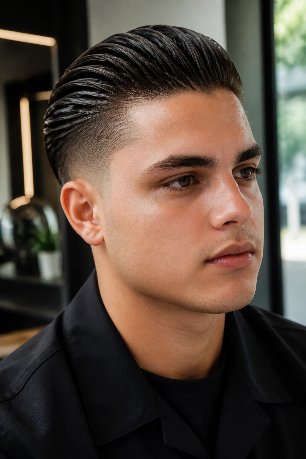 Close-up portrait of a real person with a wet-look back sweep and minimal undercut.
