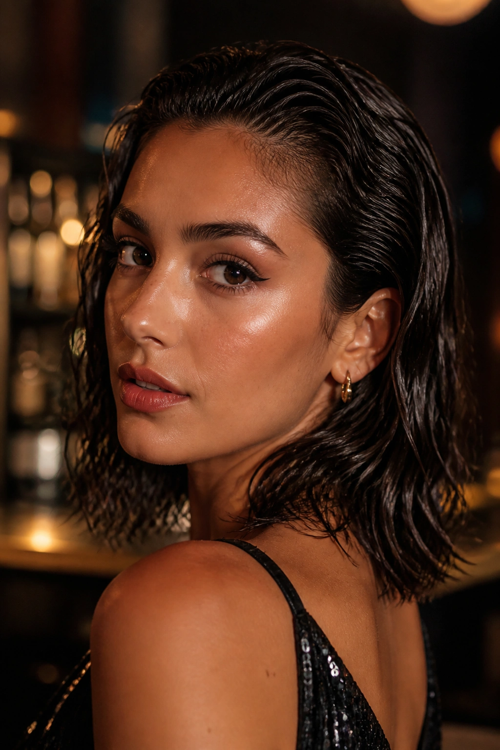 Real woman with glossy wet look waves in a moody night out setting