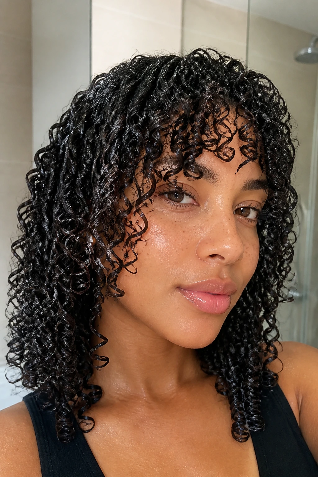 Close-up of defined wet-set curls with gel cast on a real person in a bathroom.