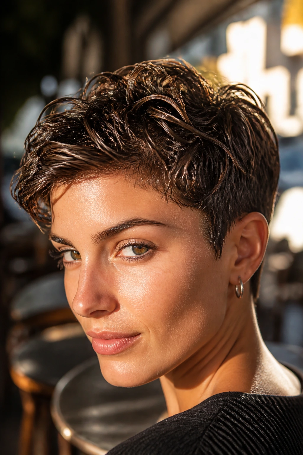Close-up of a real woman with a glossy wet-texture pixie