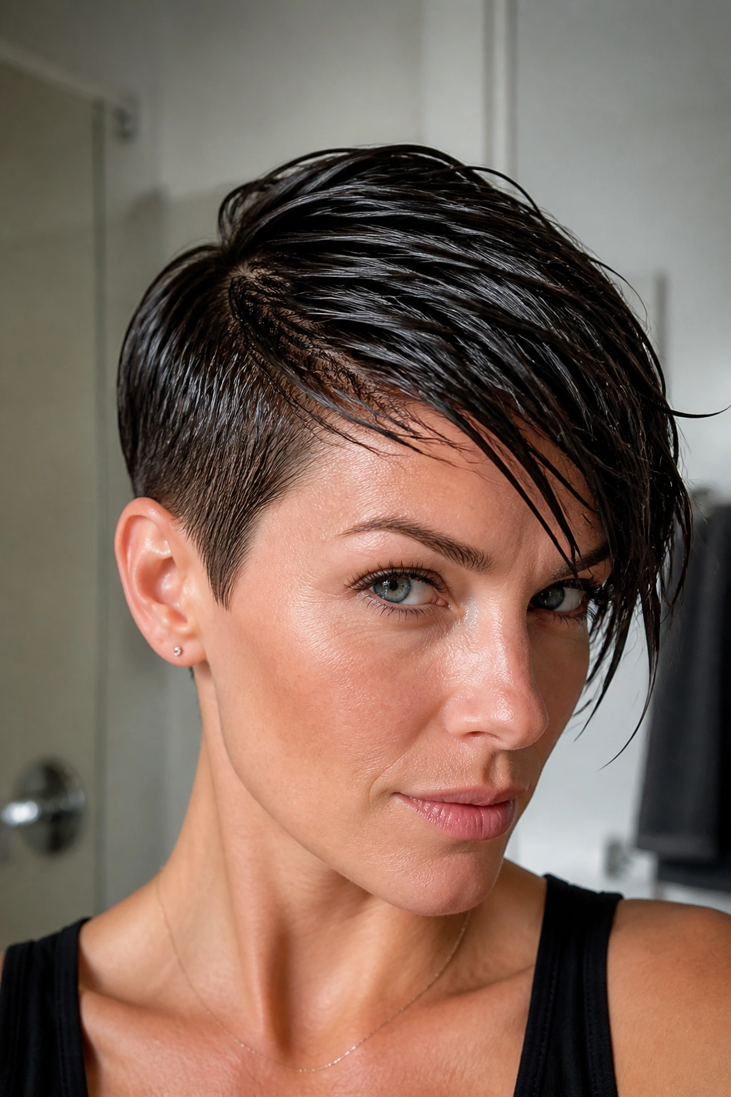 Close-up of a real person with a wet-textured asymmetrical pixie