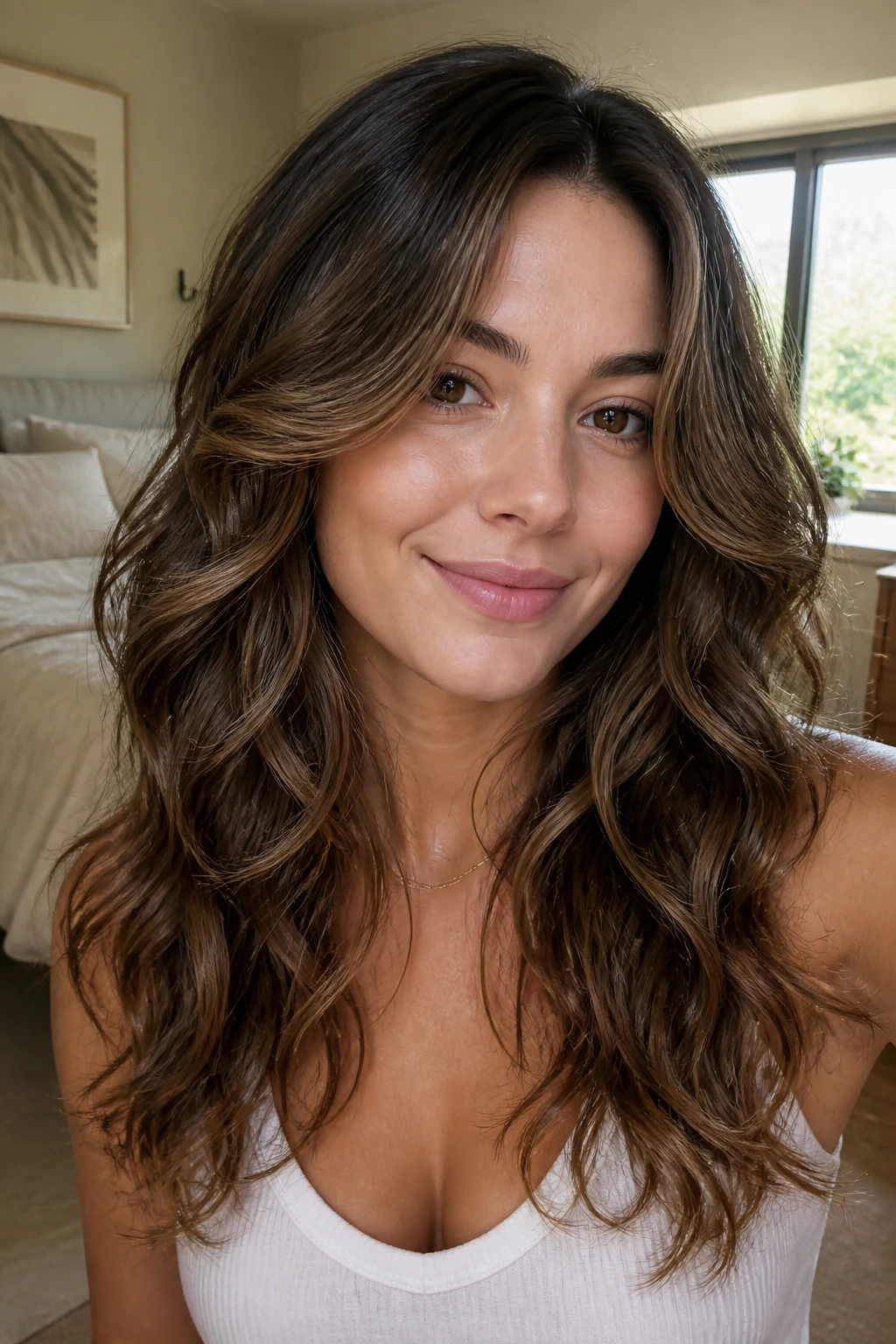 Close-up of real woman with refined layered cut after drying, soft silhouette.