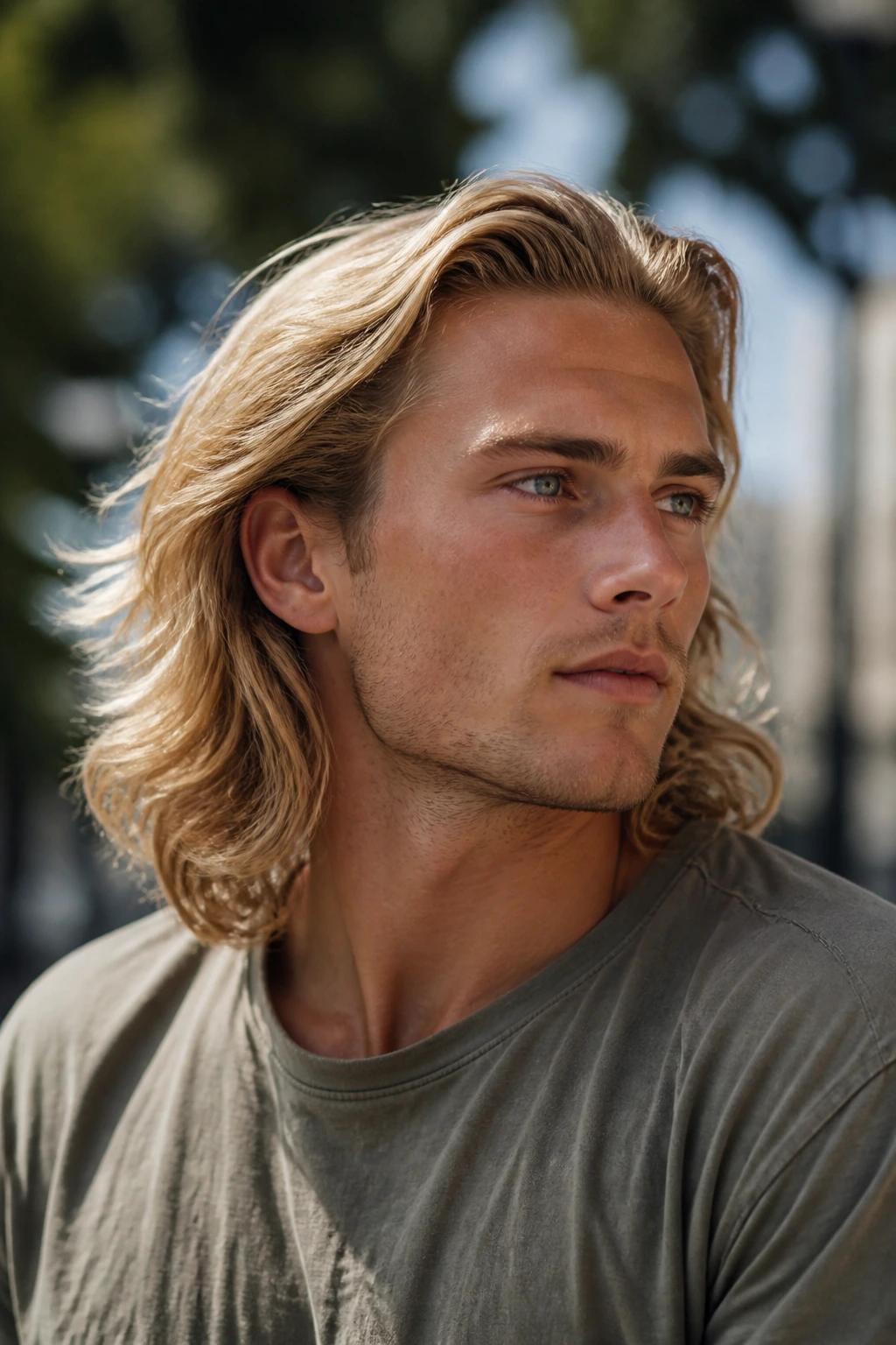 Portrait of a man with wheat blonde shoulder-length hair flowing naturally.