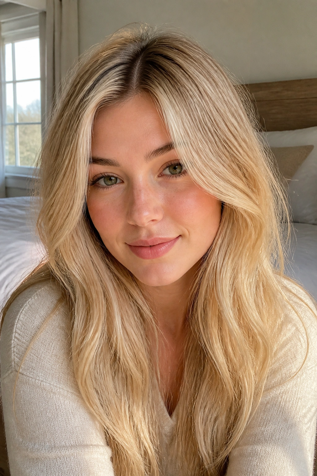 Close-up of a woman with wheat blonde center-parted hair framing the face