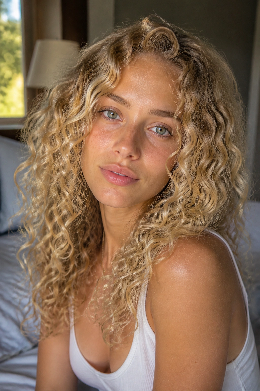 Close-up of a real woman with wheat blonde curly hair showing natural texture