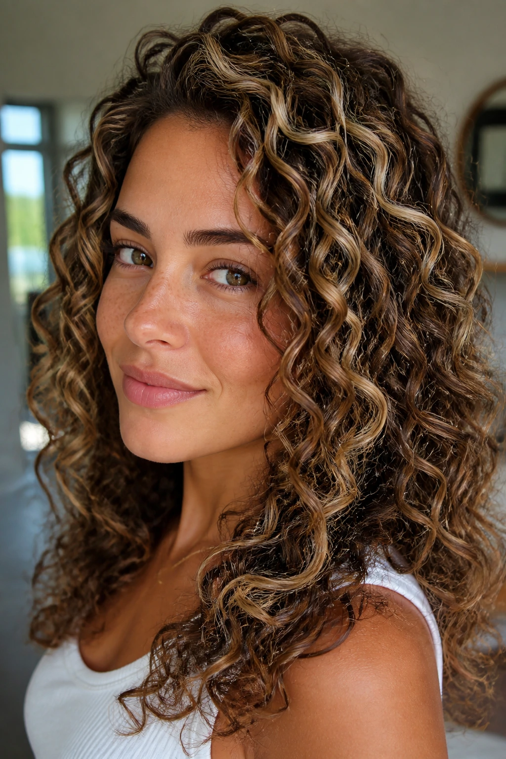 Real-person portrait showing wheat blonde ribboning on curly hair