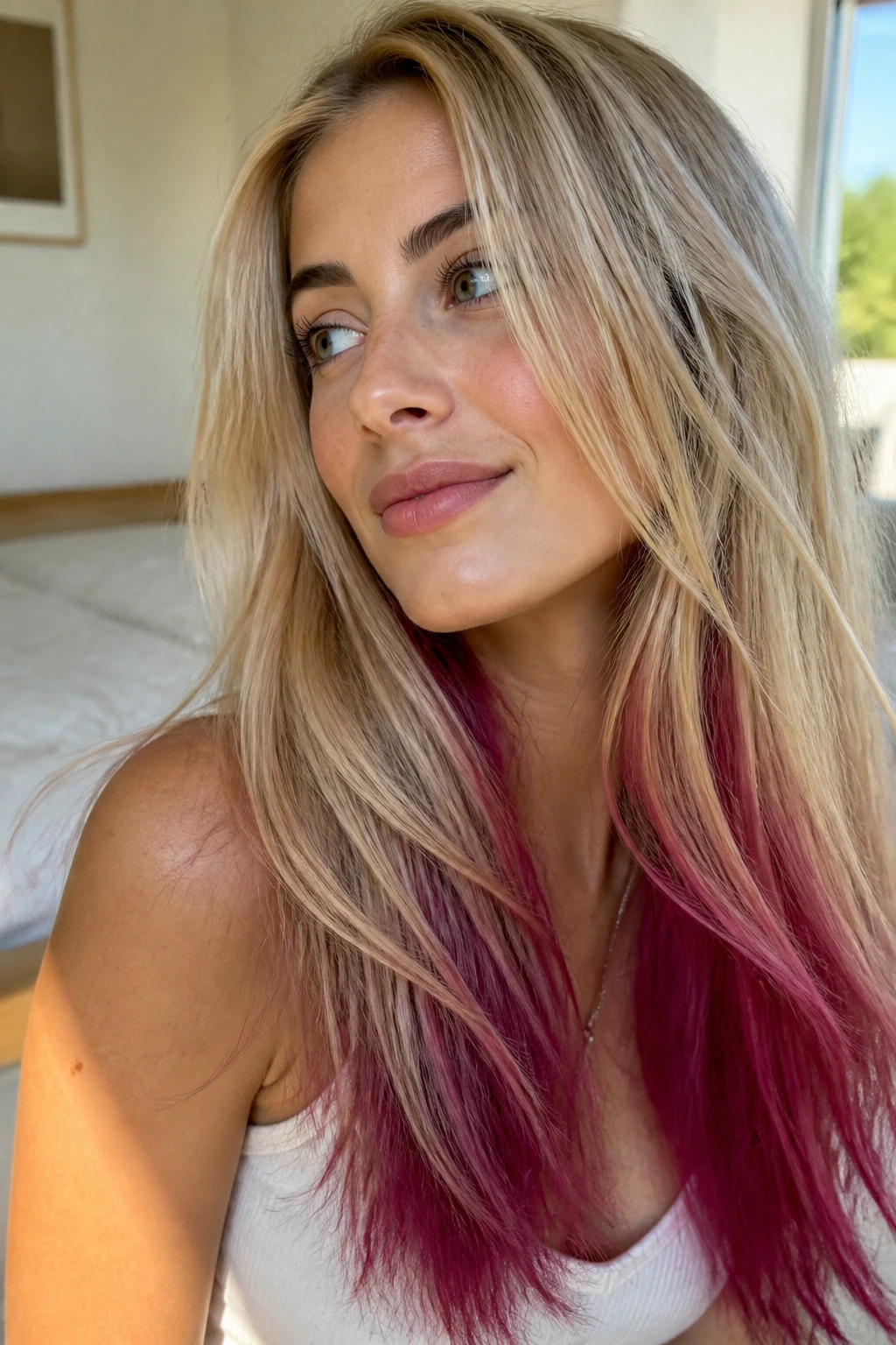 Close-up of a real person's long hair with wheat blonde and magenta underlayers peeking through in movement