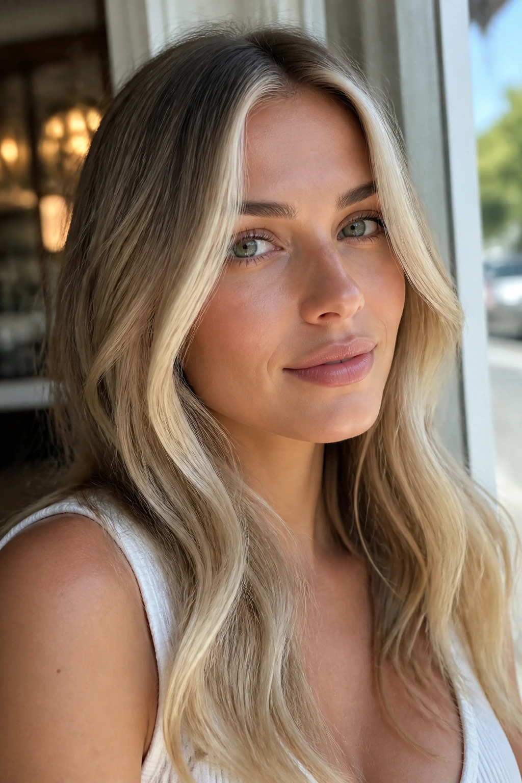 Close-up of a real woman with wheat blonde hair and a soft money piece
