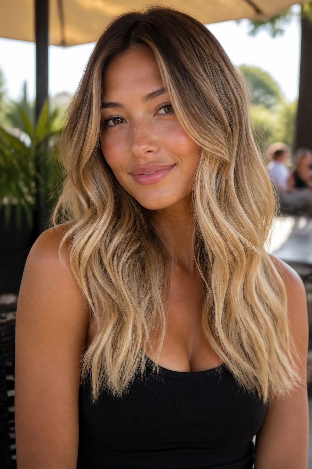 Close-up of a real woman with wheat blonde ombre and warm brunette roots