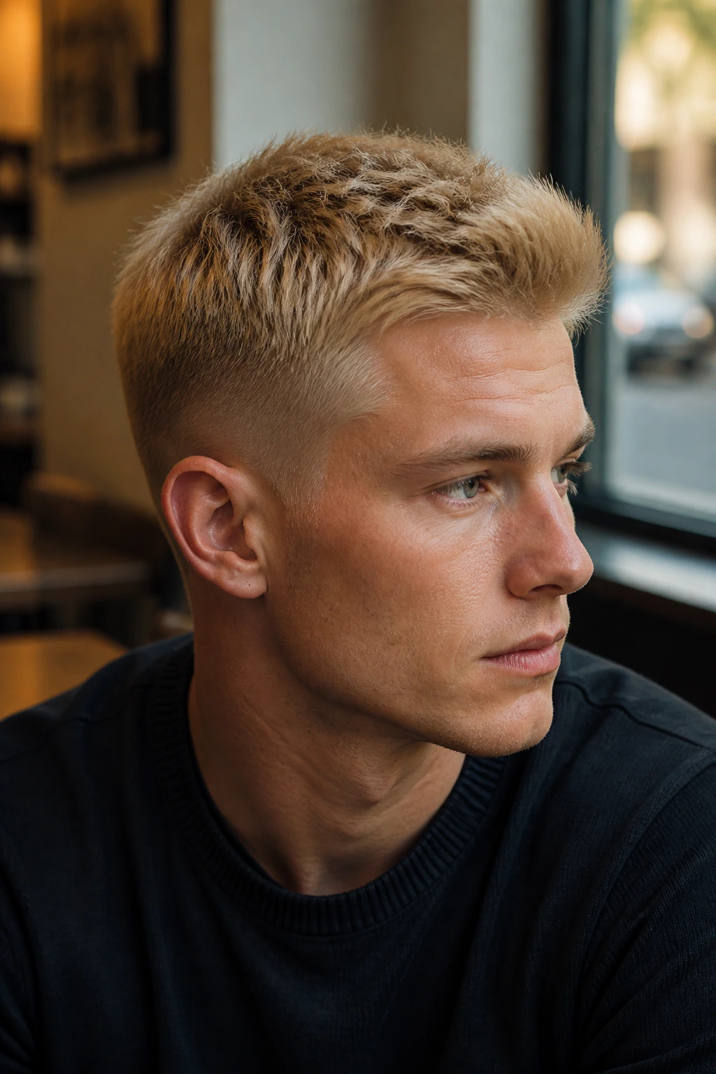 Close-up of a man with wheat blonde tapered haircut in a cafe setting.