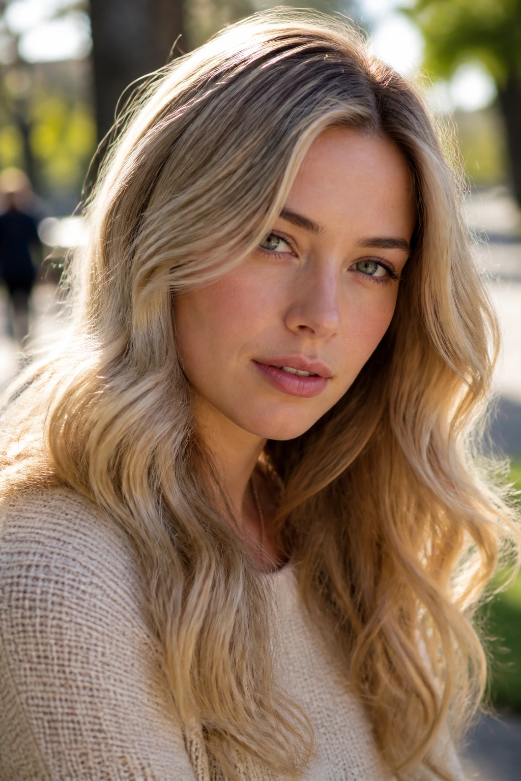 Close-up portrait of a real woman with wheat blonde hair in natural daylight