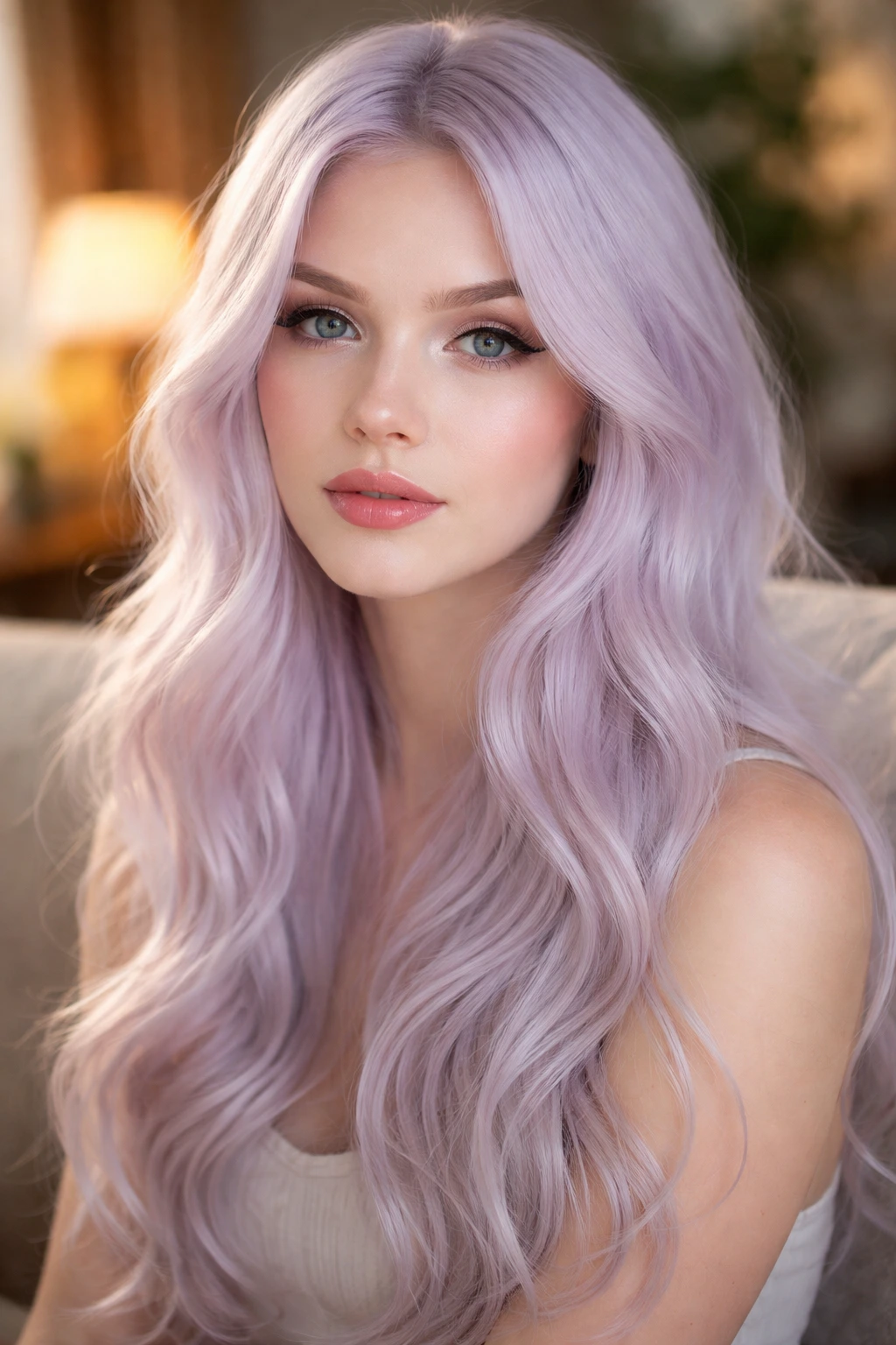 Close-up portrait of a real person with whipped cream violet hair