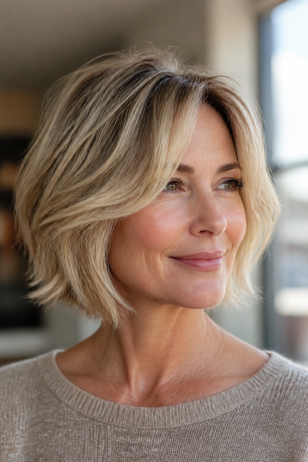 Real woman with a whisper-layer blonde bob in bright studio light.