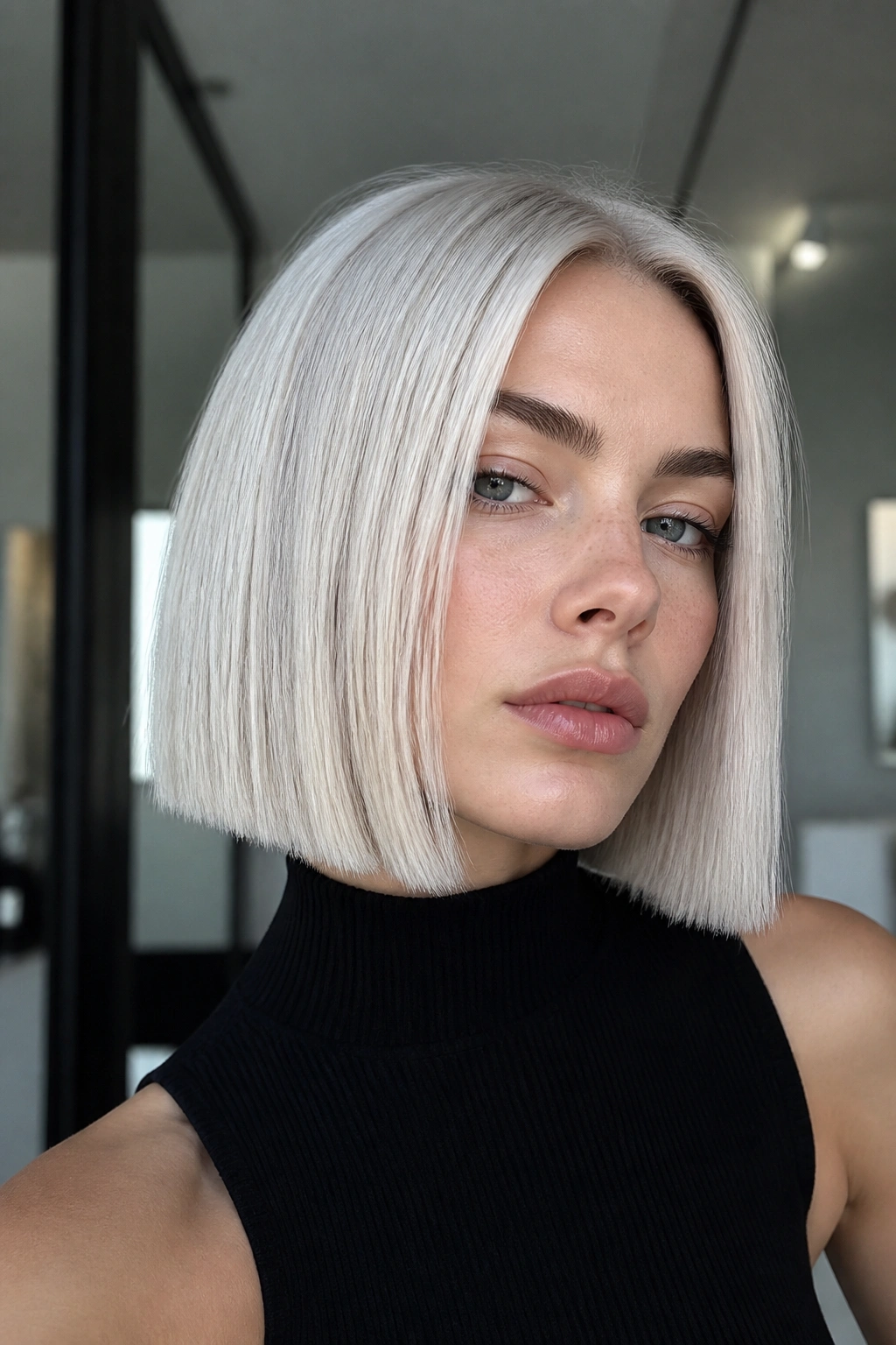 Close-up of white ash blonde bob on real person with blunt cut
