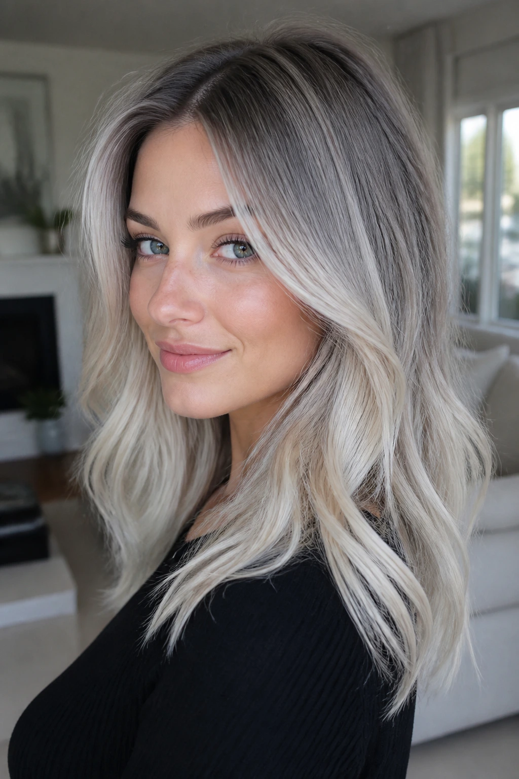 Close-up of hair showing white ash melt with smoky root and white ends