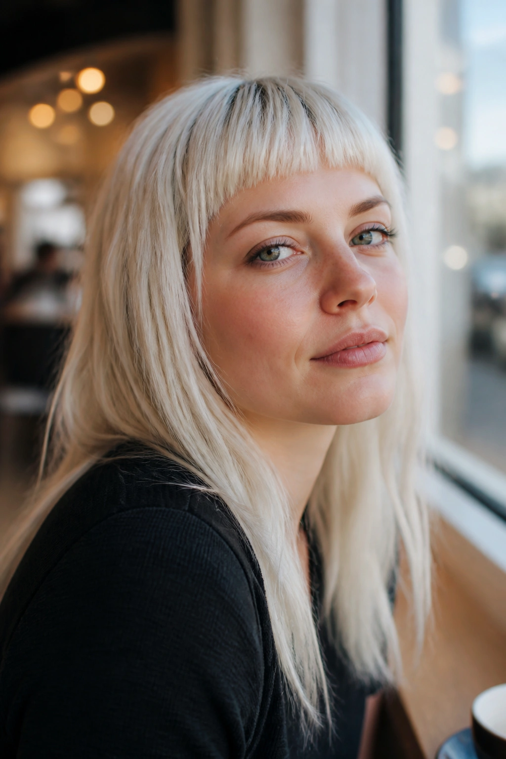 Close-up portrait of a real woman with white baby bangs at a cafe window