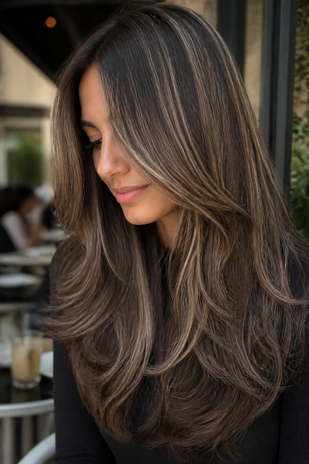 Long layered brown hair with white babylights on a real person