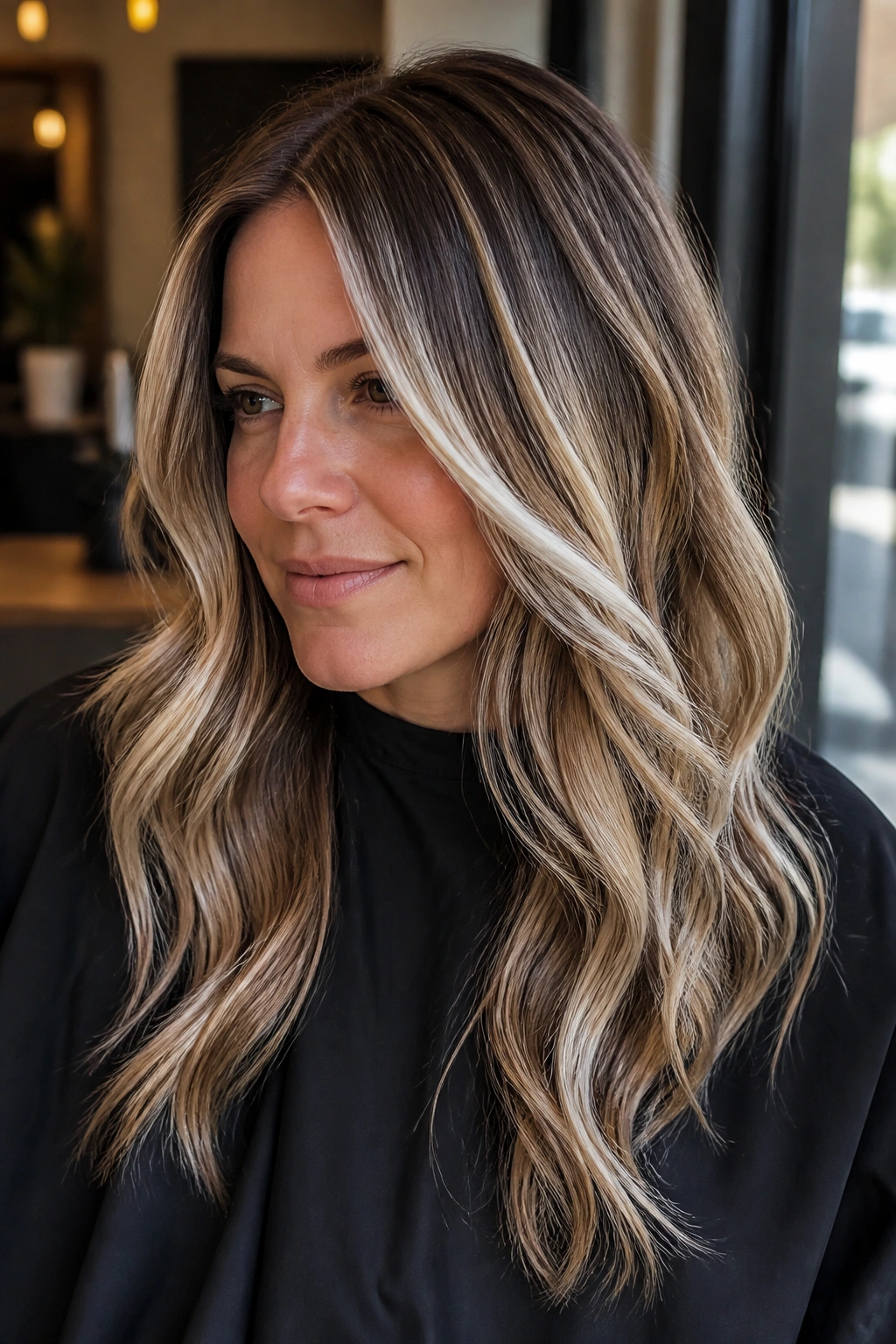 Close-up portrait of a real woman with white balayage and caramel lowlights on brunette hair in warm salon light