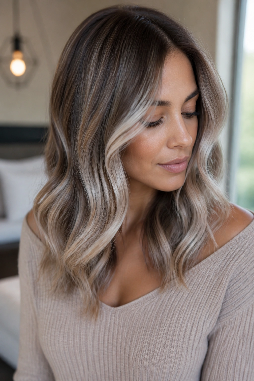 Fine hair with white balayage in soft waves on a real person