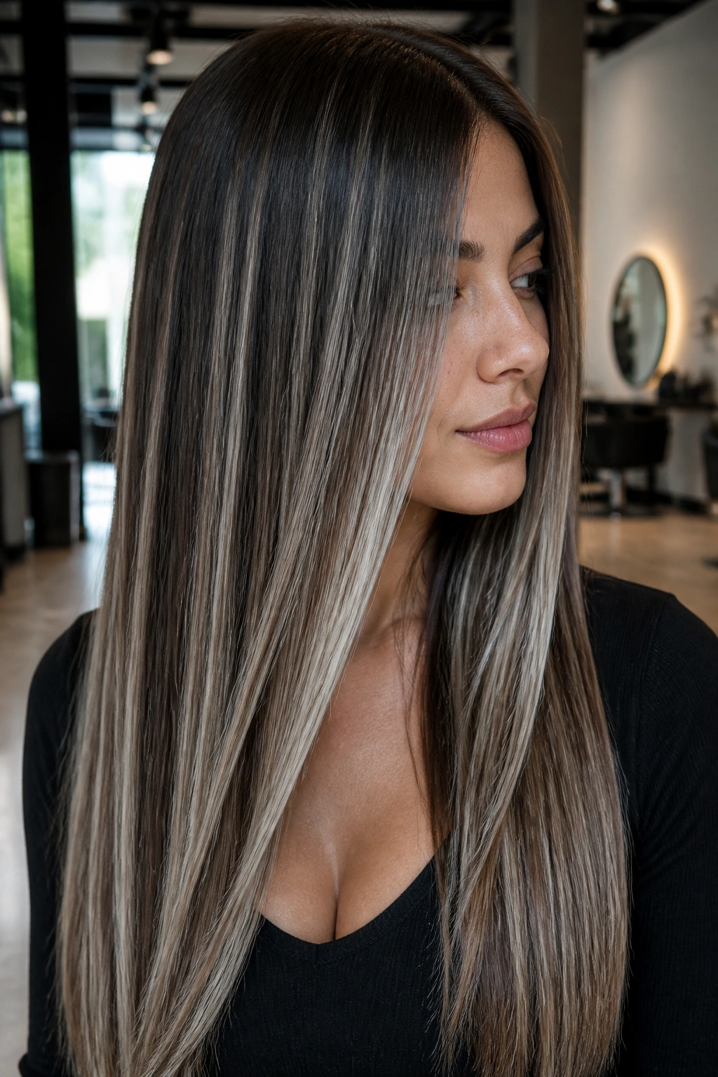 Portrait of a real woman with long brunette hair featuring white balayage ribbons along the length in a salon setting