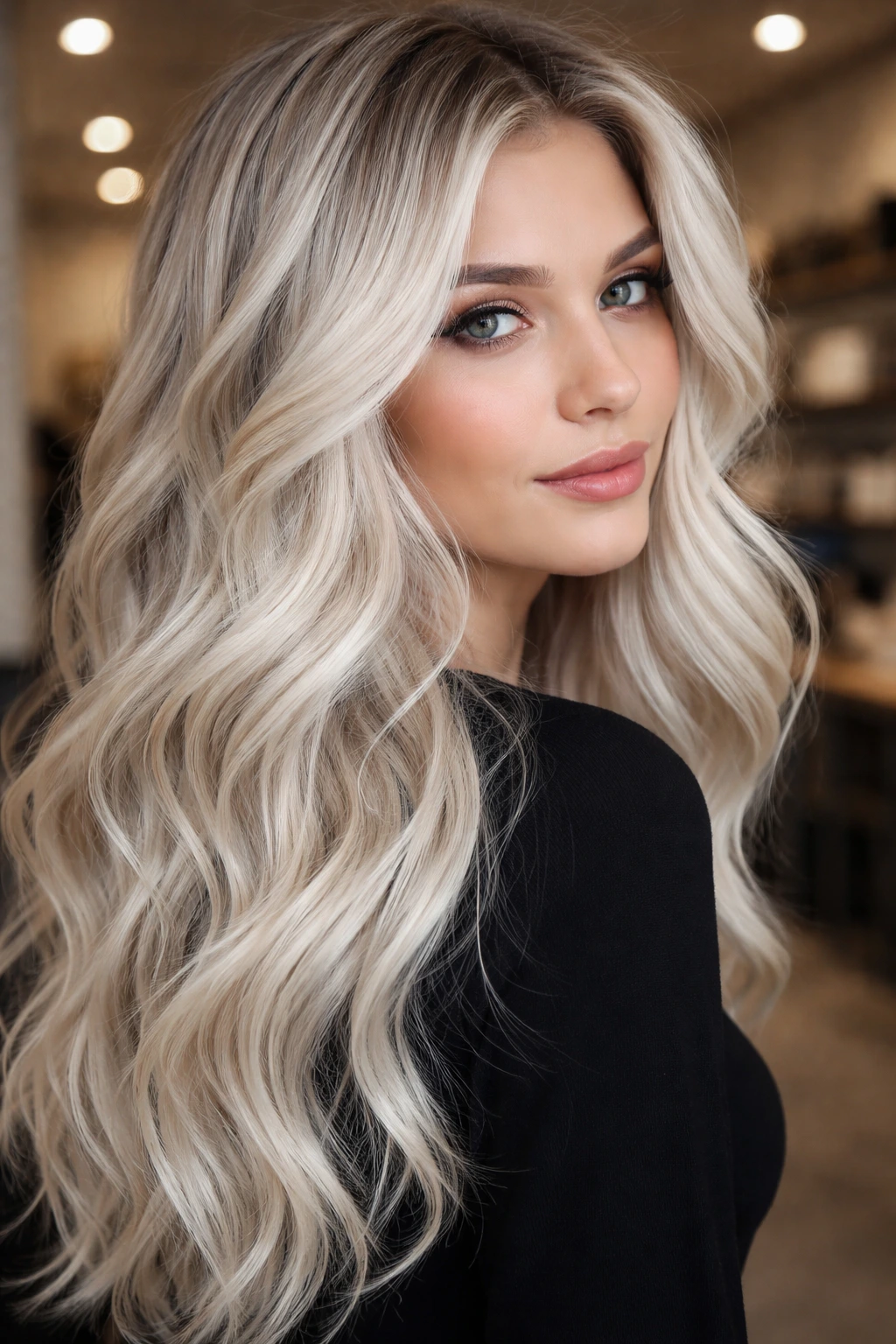 Close-up portrait of a real person with white balayage highlights on natural base hair.