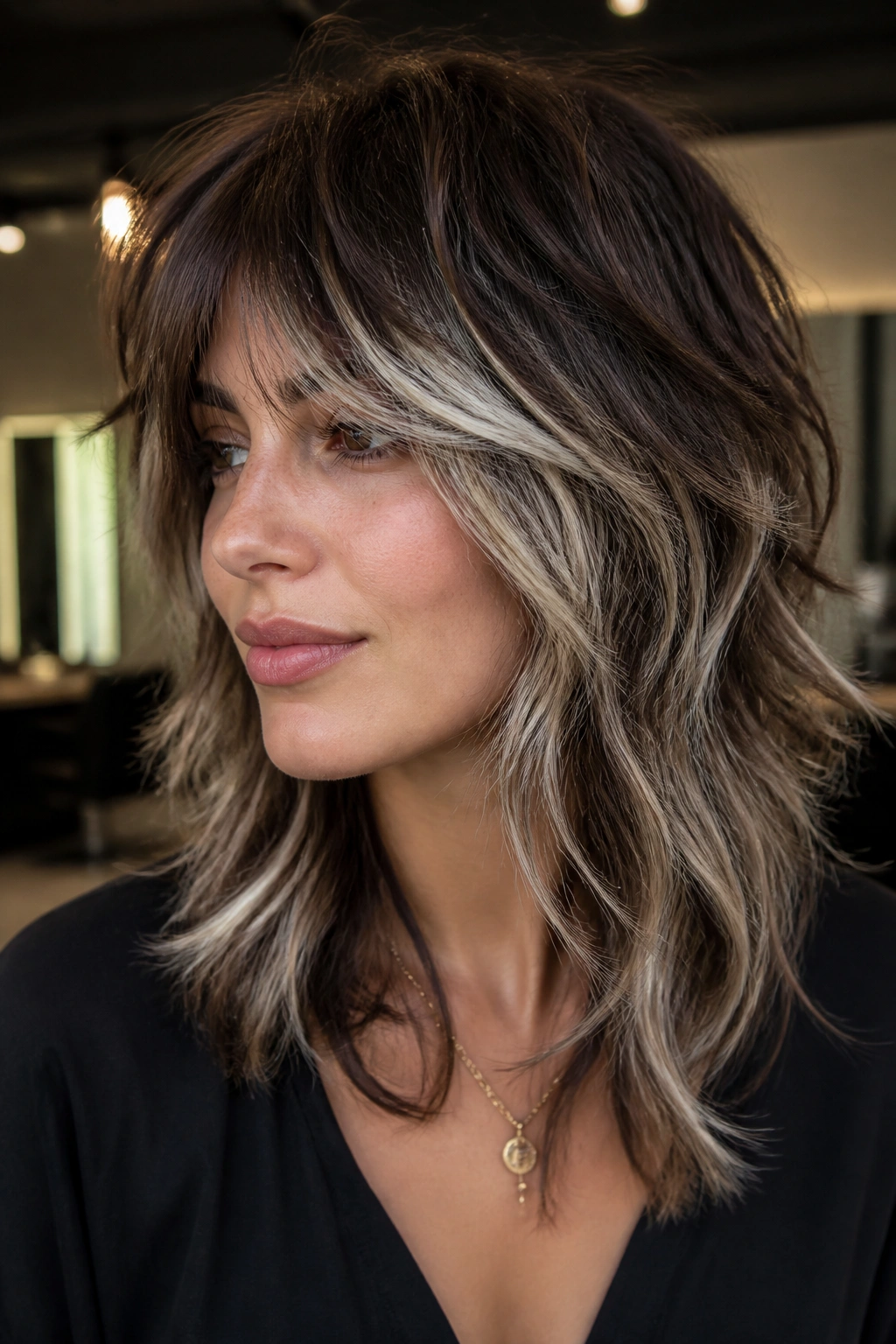 Close-up portrait of a real woman with white balayage on a shaggy wolf cut in a trendy salon